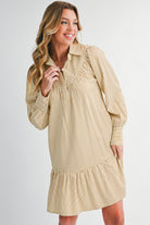 Brown Striped Shirt Collar Ruffle Hem Long Sleeve Dress Short Dresses 32f44f69352209a0