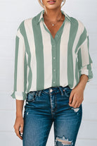 Green Striped Soft Relaxed Button Up Shirt Blouses 332398ef33e651ec