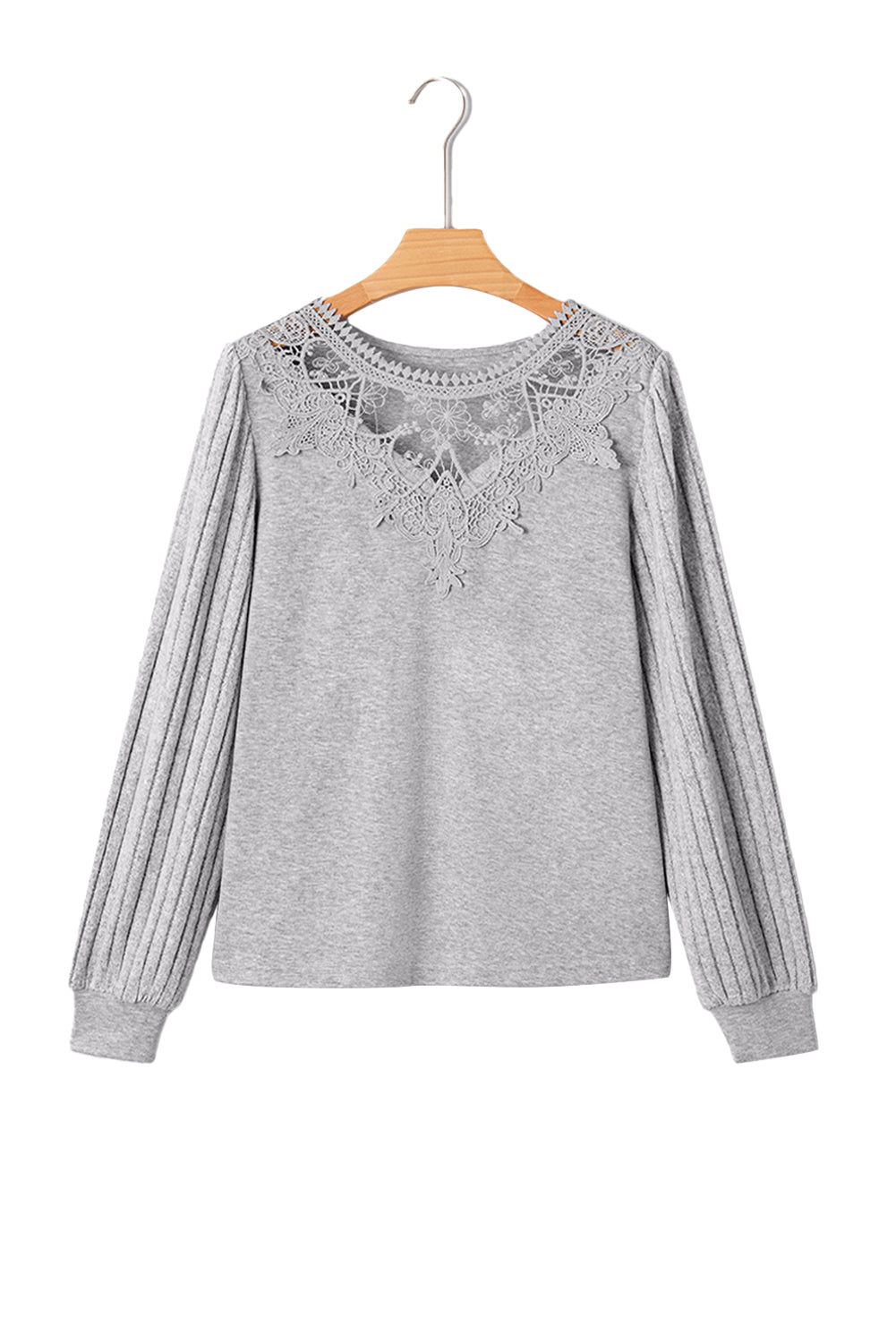 Gray Solid Lace Applique Round Neck Long Sleeve Top Long Sleeve Tops 333c42afada6fa35
