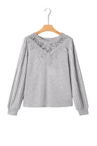 Gray Solid Lace Applique Round Neck Long Sleeve Top Long Sleeve Tops 333c42afada6fa35
