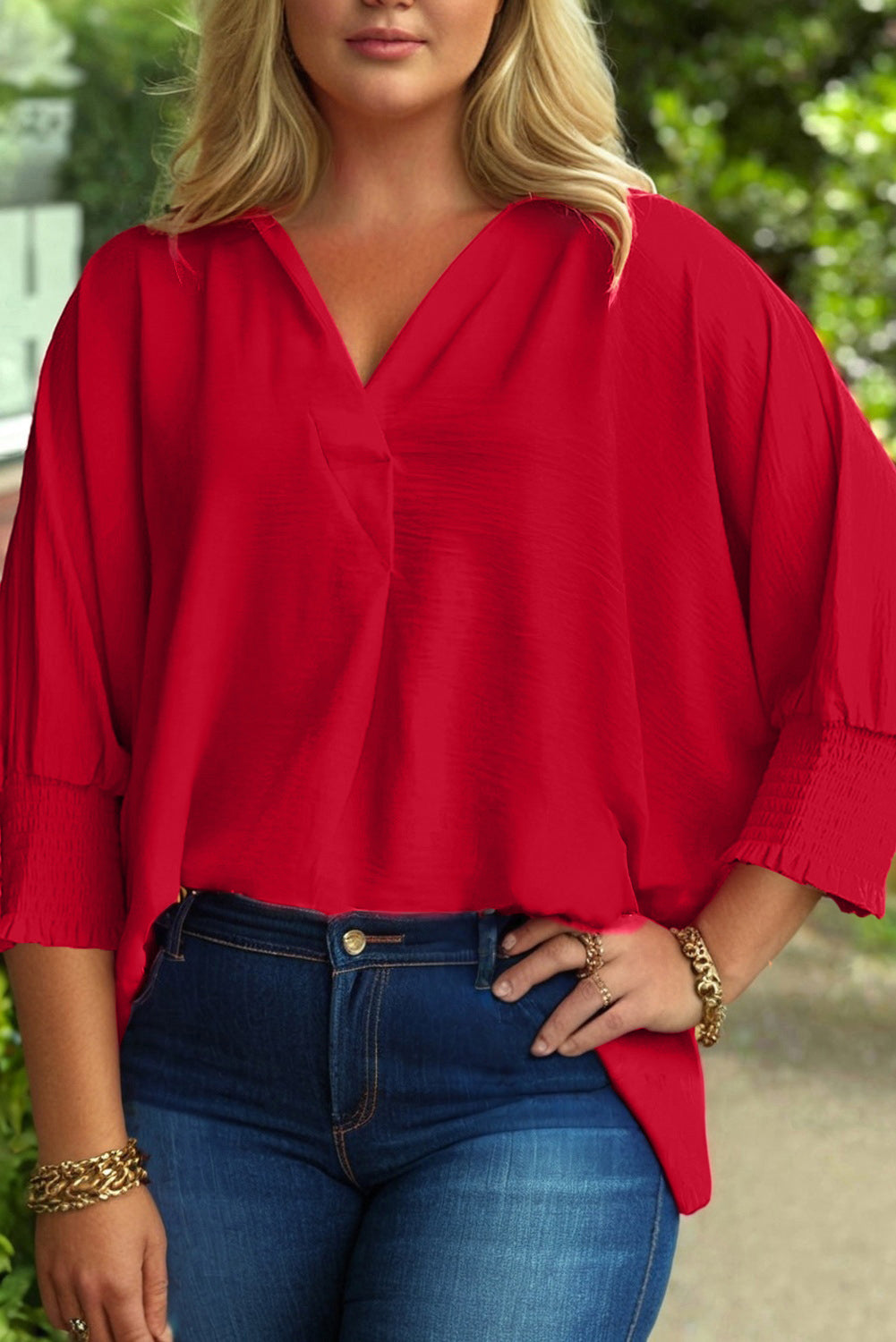 Fiery Red Plus Size Shirred Cuff Dolman Oversized Tunic Blouse Plus Size Tops 334af1b4f2c7cb4b