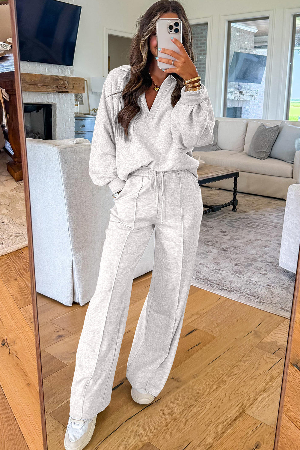Light Grey Polo Collar V Neck Pullover and Drawstring Sweatpants Set Two Piece Pants Sets 3361ef474b7e15b8