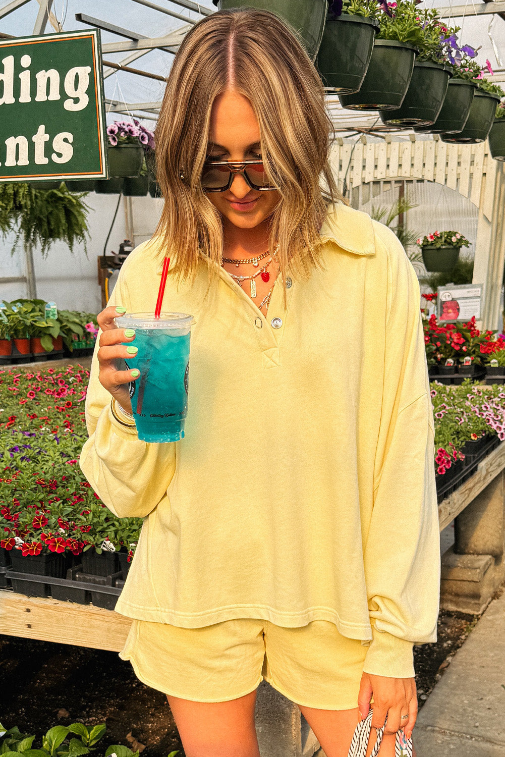 Yellow Cream Button Collar Drop Shoulder Pullover and Shorts Set Two Piece Shorts Sets 336707217c3d8ce6