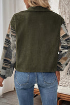 Jungle Green Ribbed Fleece Plaid Print Patchwork Button Up Jacket Jackets 337e4c85c771311b