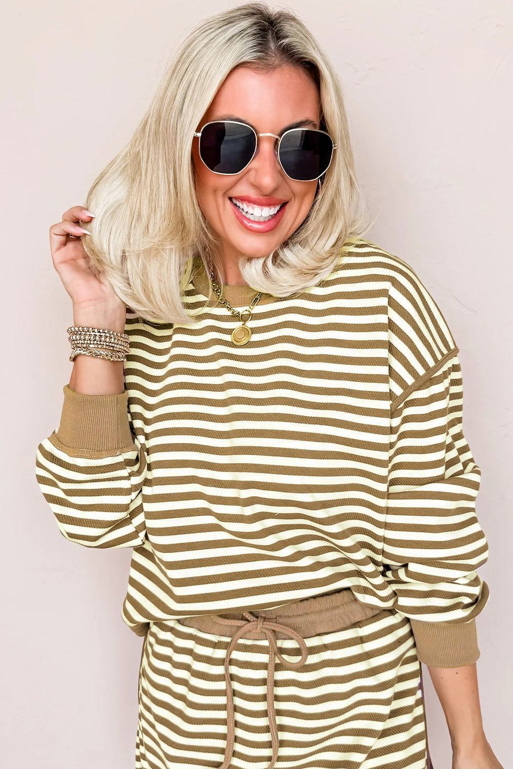 Brown Stripe Textured Drop Shoulder Pullover Top Drawstring Mini Skirt Two Piece Dress Set Two Piece Skirt Sets 337e55a452d79c51