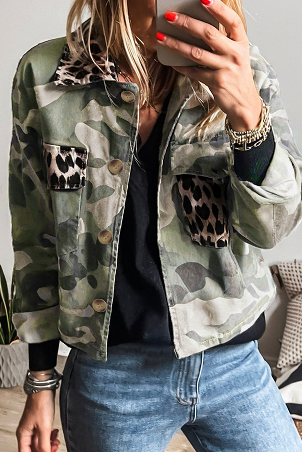 Green Camouflage Leopard Patchwork Flap Pocket Collared Jacket Jackets 3393e49211fc36f3