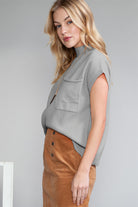 Oatmeal Patch Pocket Ribbed Knit Short Sleeve Sweater Knit Tops 33bab55f06ea91a6