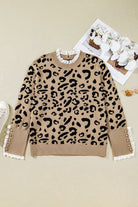 Brown Leopard Knitted Lace Trim Cuffed Plus Size Sweater Plus Size Sweaters&Cardigans 33c6a6974f324e24