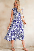 Dirty Blue Floral Print Smocked Waist Sleeveless Dress Midi Dresses 33e5336bf09c5713