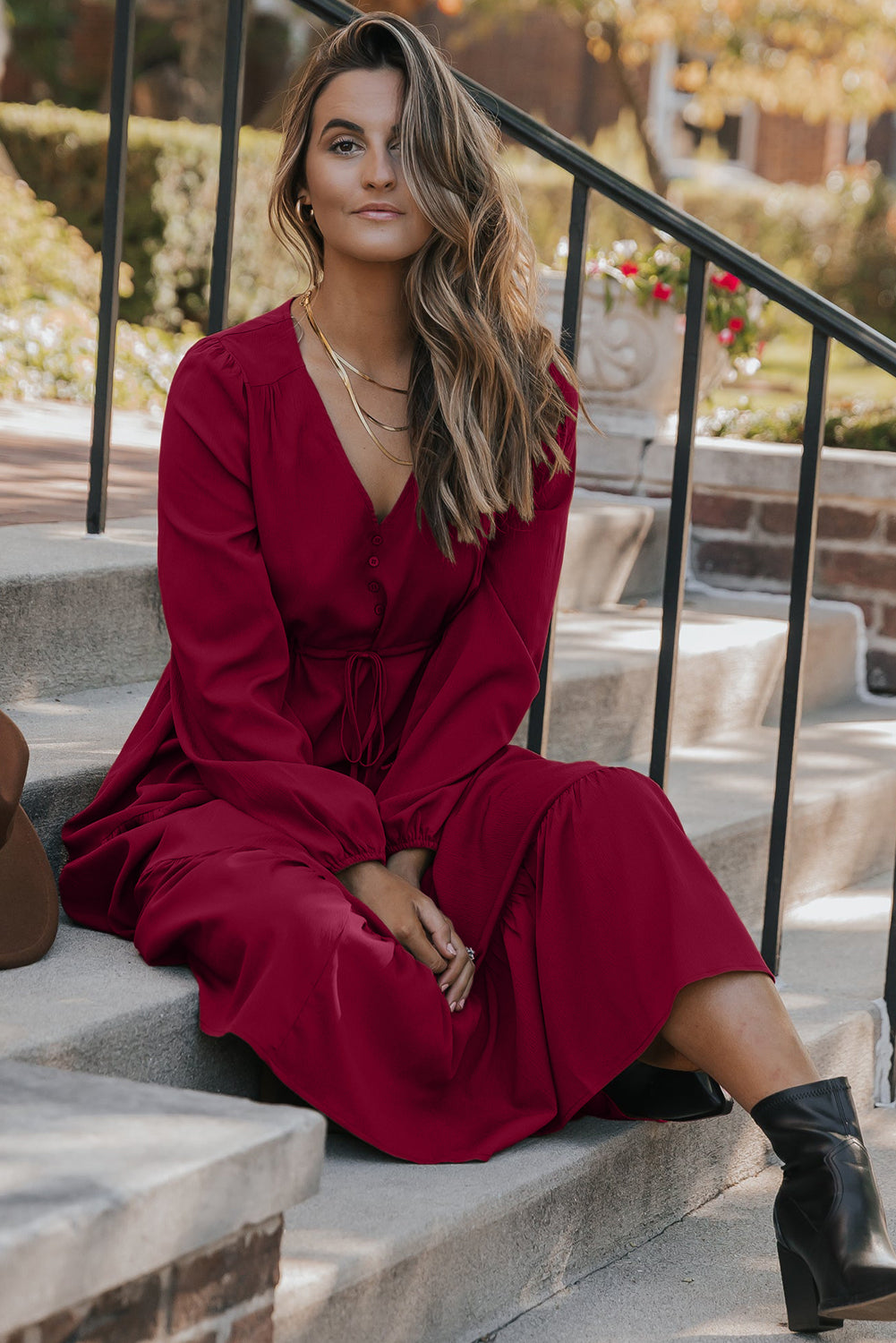 Burgundy Solid Long Sleeve Button V Neck Tiered Maxi Dress Maxi Dresses 340f99dcbb8f61ee