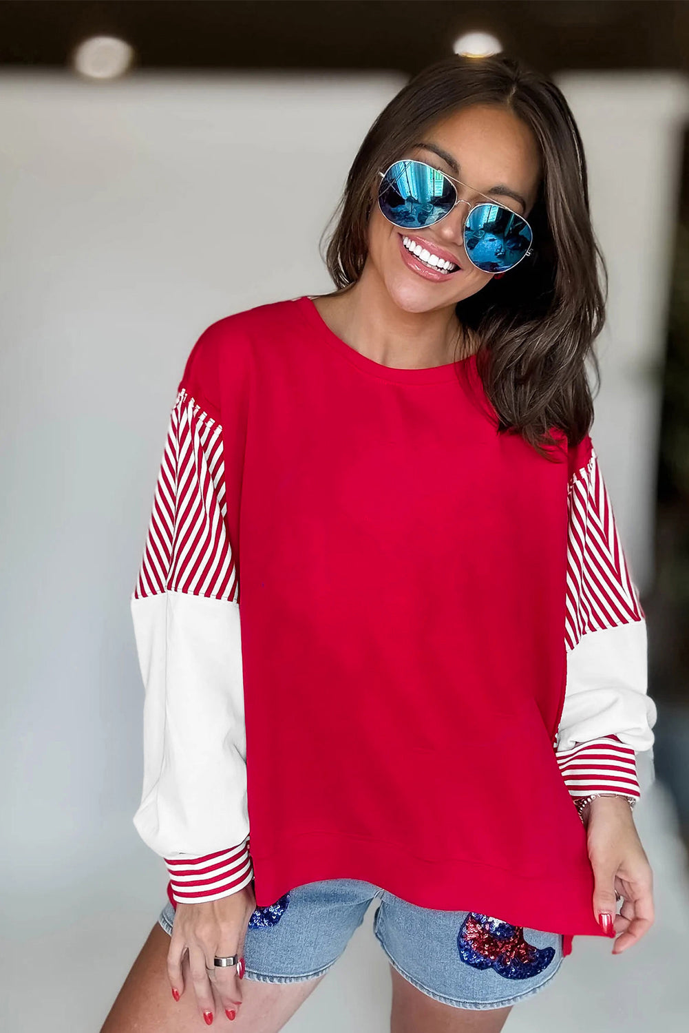 Fiery Red Striped Patchwork Sleeve Colorblock Sweatshirt Sweatshirts & Hoodies 3412fbe631688baa