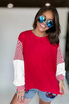 Fiery Red Striped Patchwork Sleeve Colorblock Sweatshirt Sweatshirts & Hoodies 3412fbe631688baa