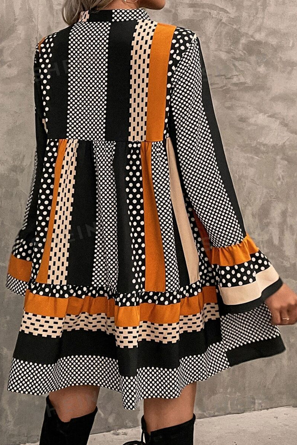 Black Striped Polka Dot Print Ruffle Hem V Neck Loose Mini Dress Short Dresses 3422f2ac96e8a87c