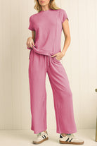 Bright Pink Solid Corded Short Sleeve T Shirt and Wide Leg Pants Set Two Piece Pants Sets 3433f5195e6dab41