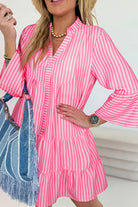 Pink Stripe Flare Sleeve Half Placket Tiered Flowy Mini Dress Short Dresses 344d6bd4aa7d58a0