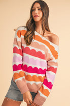 Yellow Wave Striped Balloon Sleeve Drop Shoulder Sweater Sweaters 346513c6440a8e5a
