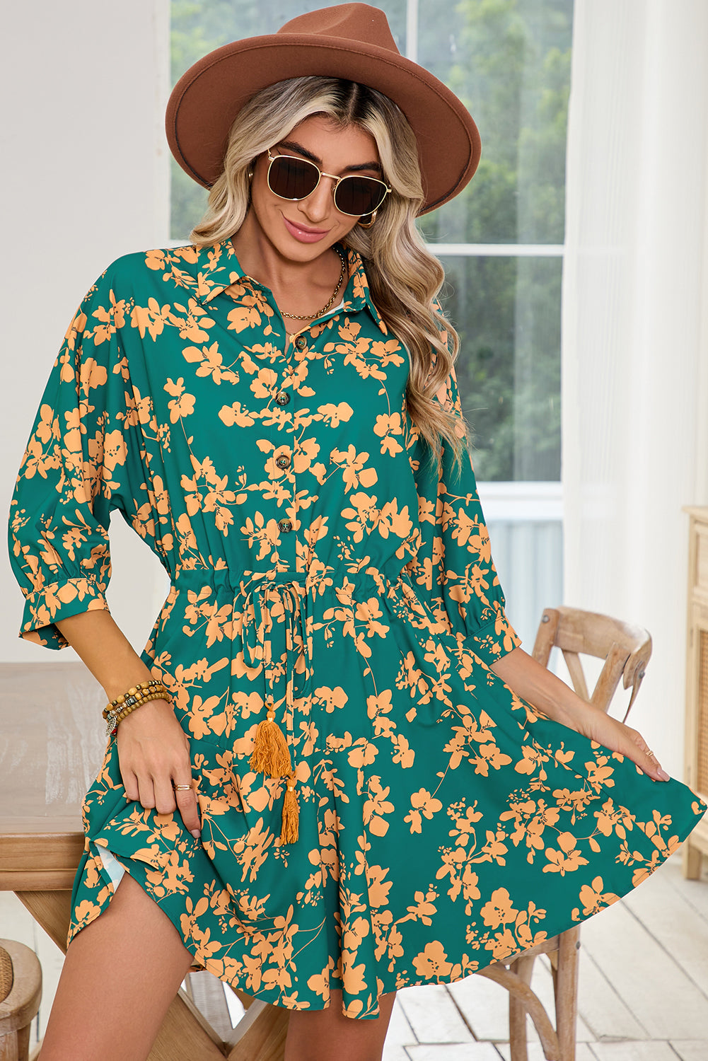 Green Floral Print Drawstring Flowy Short Dress Short Dresses 346b87bd5f6e541d