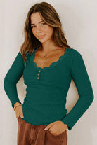 Black Lace Neckline Button Decor Lettuce Edge Long Sleeve Ribbed Top Long Sleeve Tops 34a777fc1a7d454c