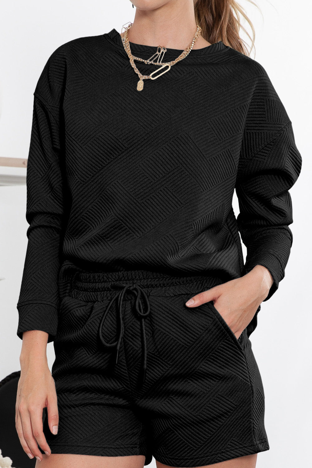 Gray Textured Long Sleeve Top & Drawstring Shorts Set Two Piece Shorts Sets 352767b45cc181cf