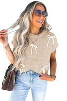 Parchment Bowknot Applique Cap Sleeve Sweater Short Sleeve Sweater 354442c4eb05a72f
