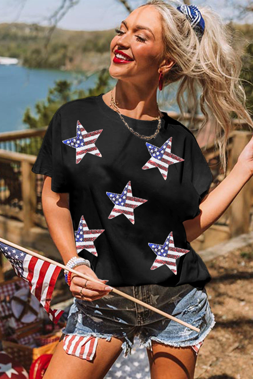 Black Sequined American Flag Star Graphic T Shirt Graphic Tees 354496487c4e429d
