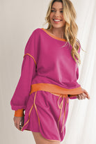 Evergreen Contrast Trim Loose Pullover and Lace-up Waist Skort Set Two Piece Shorts Sets 354eea189aca686c