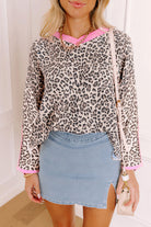Khaki Leopard Print Contrast V Neck Varsity Stripe Detail Long Sleeve Top Long Sleeve Tops 3557f514959caf0d
