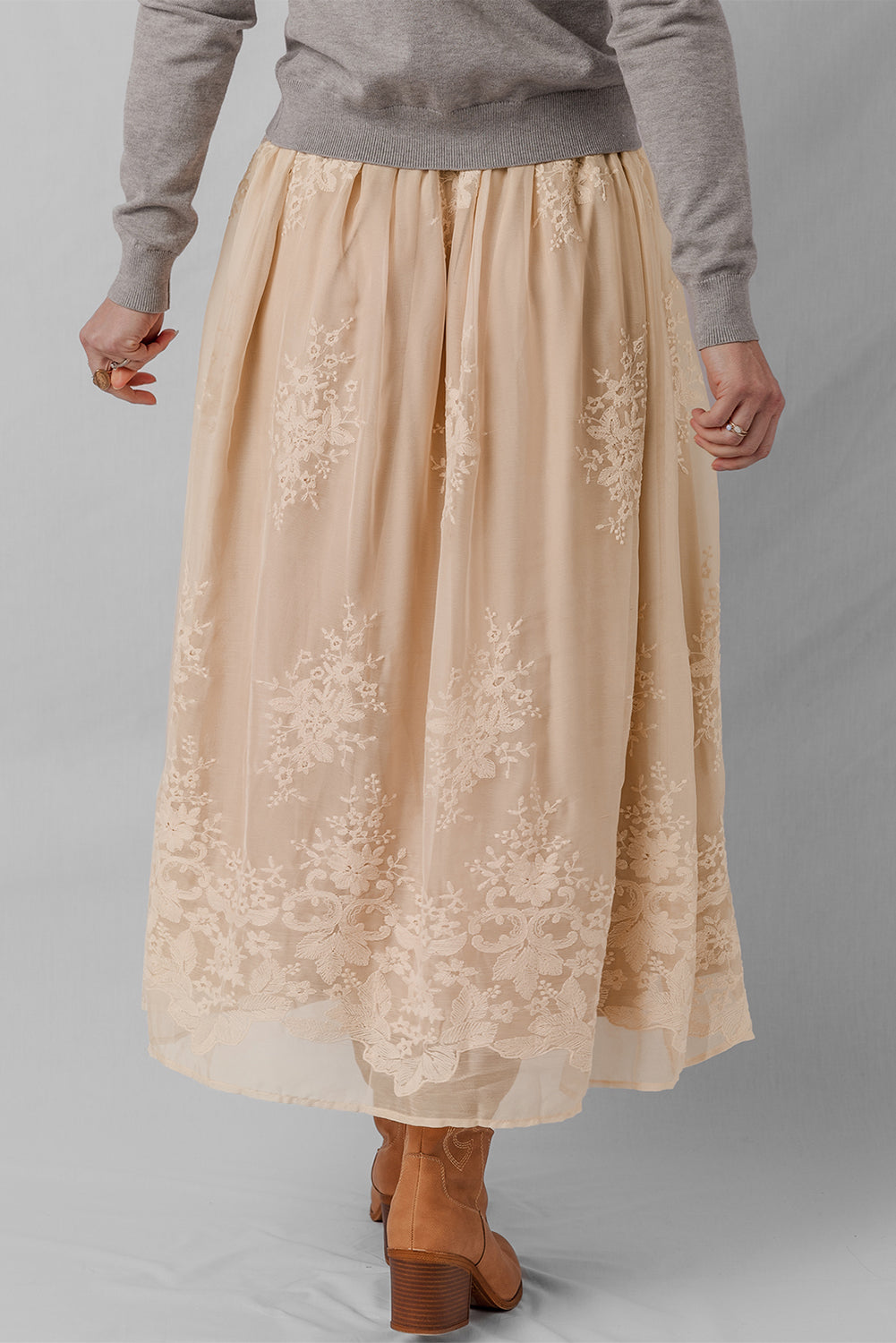 Oatmeal Embroidered Mesh Overlay Flowy Long Skirt Skirts 356973d3e50e144c