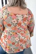 Khaki Plus Size Flower Print Square Neck Peplum Blouse Plus Size Tops 35d21f7a1040a142