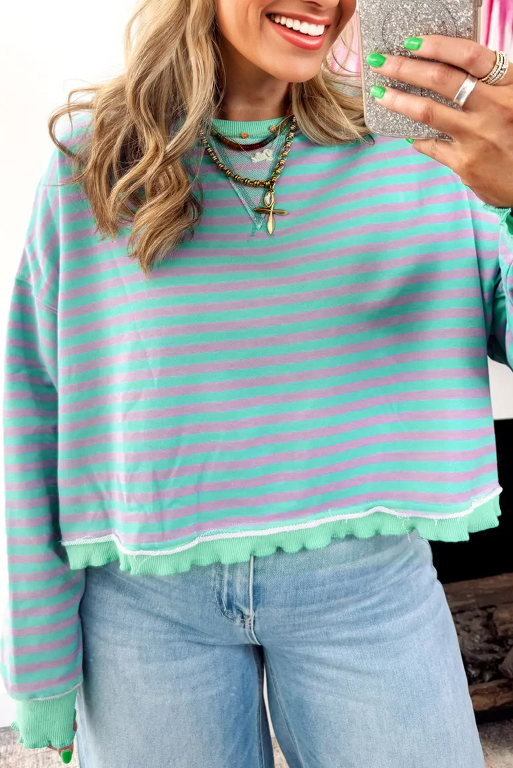 Green Stripe Exposed Seam Contrast Ribbed Trim Oversize Sweatshirt Sweatshirts & Hoodies 35d64d1294c5bec2