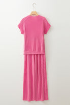 Bright Pink Solid Corded Short Sleeve T Shirt and Wide Leg Pants Set Two Piece Pants Sets 35d9bb4de1b44b48