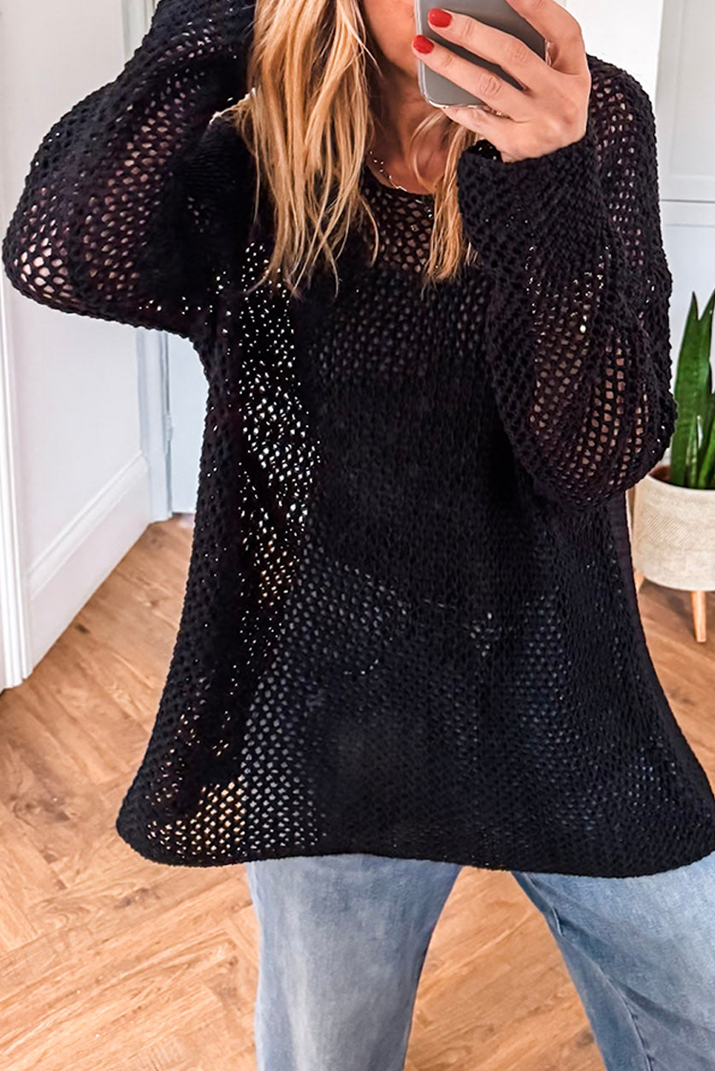 Black Crochet Hollow-out Knit Sweater Sweaters 35da70f834d8d27d