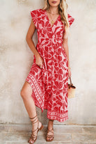 Red Boho Floral V-Neck Ruffle Shoulder Maxi Dress Maxi Dresses 35dd32fa34206258