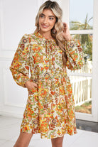 Yellow Cream Floral Print Tie V Neck Long Sleeve Mini Dress Short Dresses 35ddefc98e3c3cf0