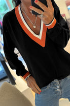 Black Contrast Striped Trim V Neck Knit Sweater Sweaters 35eaf06a04a3e635