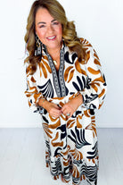 White Plus Size Abstract Print Contrast Collar Split Neck Shift Long Dress Plus Size Maxi Dresses 35f9dc95295fc721