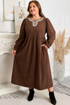 Coffee Embroidered Notched Neckline Textured Pleated High Waist Plus Size Midi Dress Plus Size Midi Dresses 361893e312878107