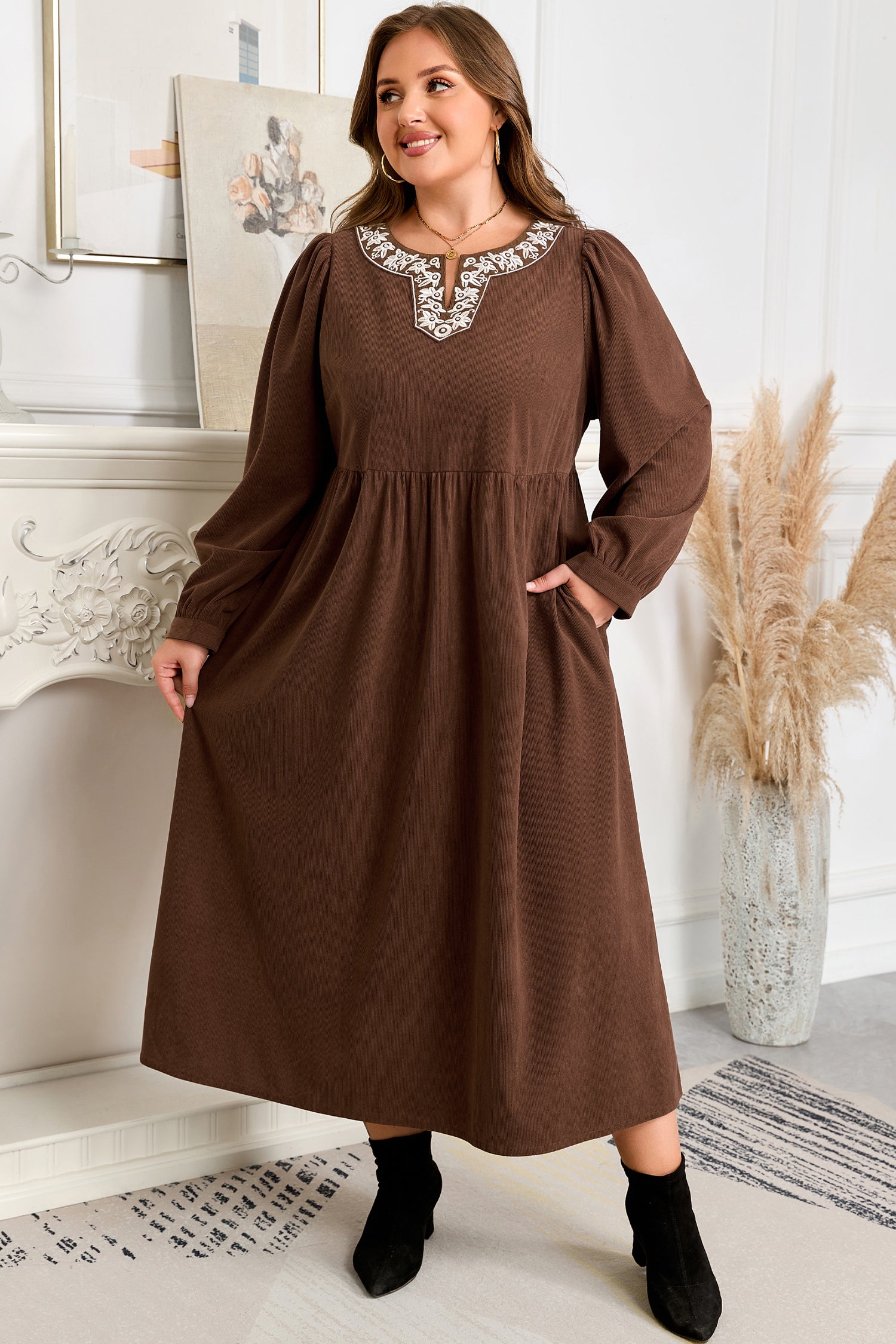 Coffee Embroidered Notched Neckline Textured Pleated High Waist Plus Size Midi Dress Plus Size Midi Dresses 361893e312878107