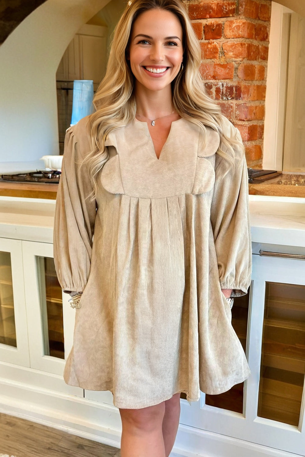 Parchment Notched Neck Scallop Detail Plus Size Mini Dress Plus Size Dresses 362fcdd414825296