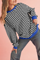 Blue Stripe Contrast Edge Cross Seam Oversized Pullover Sweatshirts & Hoodies 364068f702a71717