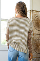 Khaki Stripe Patchwork Knit Drop Shoulder Top Long Sleeve Tops 364ebd2bad00cd51