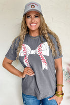 Gray Casual Baseball Bowknot Graphic Roll Up Sleeve Tee Graphic Tees 366e688a0c83ea53