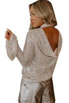 Jet Stream Sequin Mock Neck Drape Backless Bell Sleeve Top Long Sleeve Tops 367006d535bed966