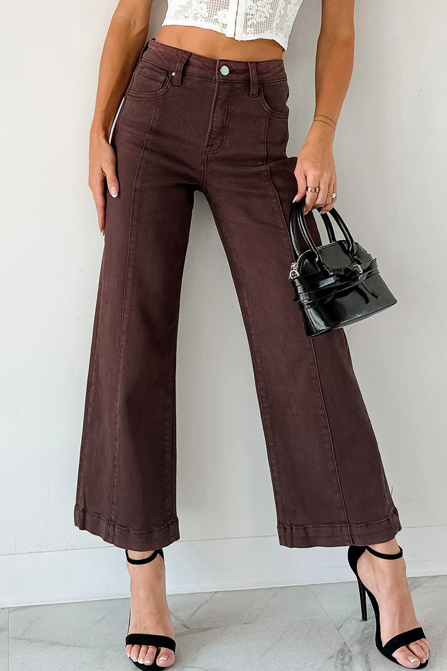 Red Sandalwood Solid Color Seamed Center Wide Leg Cropped Jeans Jeans 36c62c99f135e906