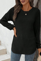 Ribbed Texture Round Neck Long Sleeve Rounded Hem Top Long Sleeve Tops 36dd6a165186f3e1