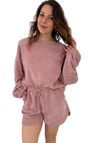 Fushia Textured Knit Drop Shoulder Pullover Drawstring Shorts Set Two Piece Shorts Sets 36fc0a8eeb4de7f8