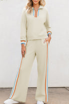 Apricot Striped Patchwork Quarter Zip Pullover Loose Pants Set Two Piece Pants Sets 3701f498ee09c705