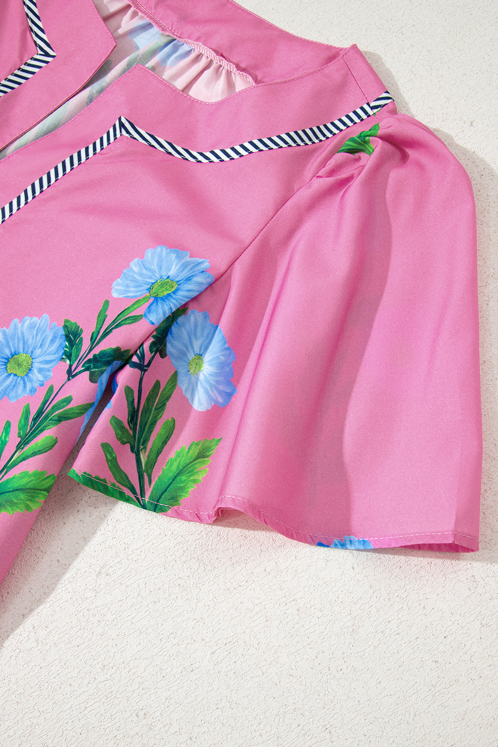 Rose Striped Trim Short Sleeve Split Neck Floral Mini Dress Short Dresses 37061a4e3d068f70