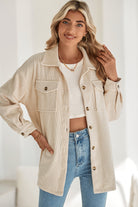 Oatmeal Corduroy Flap Pocket Button Up Shacket Jackets 37207ecea1aebaf2