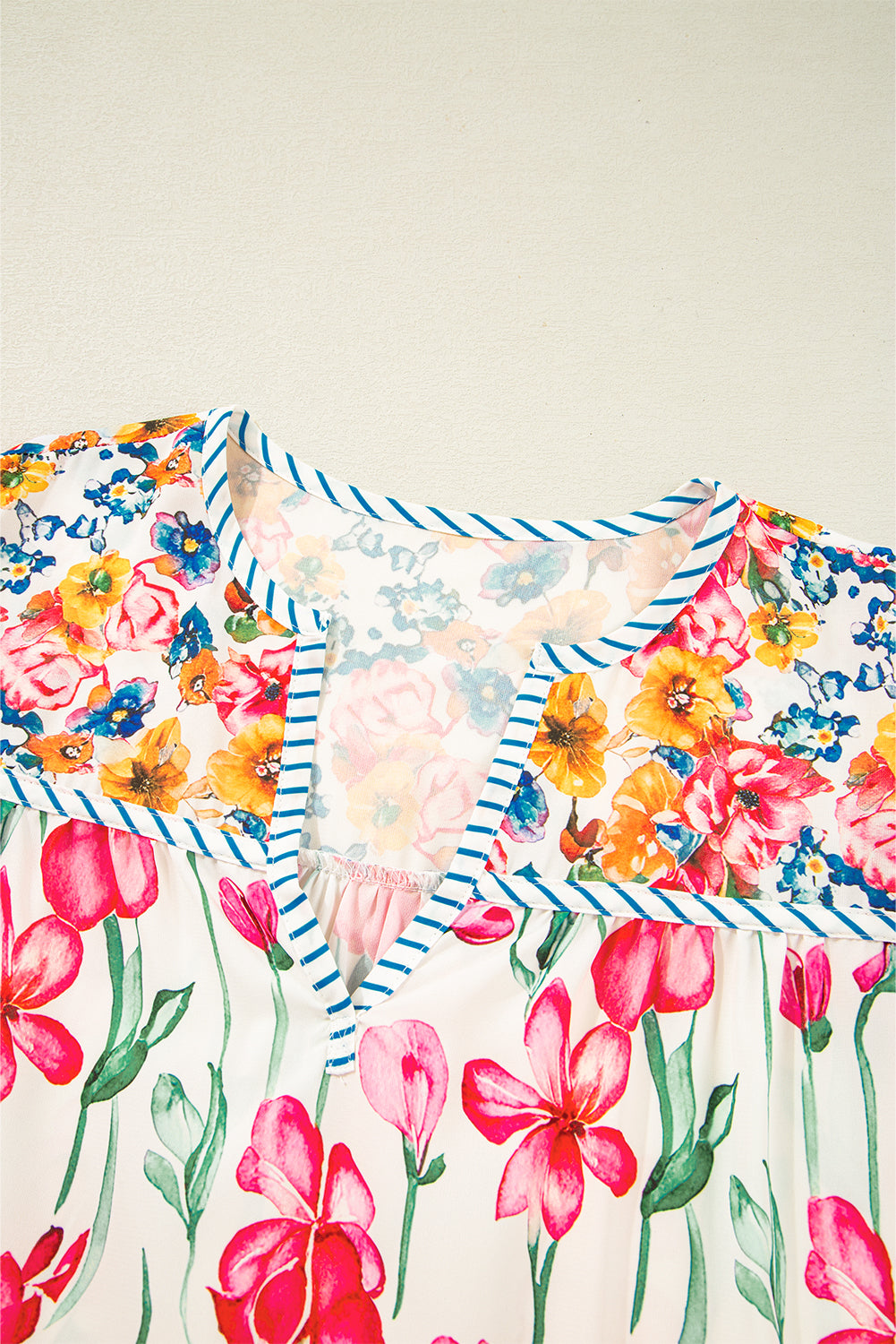 Pink Plus Size Floral Print Striped Trim V Neck Blouse Plus Size Tops 37b806f2edc7b5b8